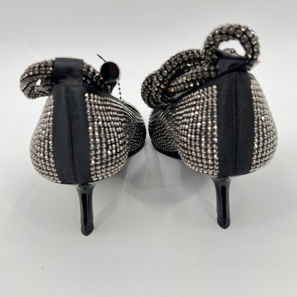 ZARA NEW GEM RHINESTONE BLACK GRAY SILVER POINTED BOW TIE ANKLE KITTEN HEELS 6 - Picture 8 of 11